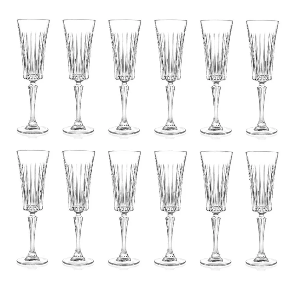 12 Flute Glasses for Sparkling Wine with Linear Cuts Decoration in Eco Crystal - Senzatempo Viadurini