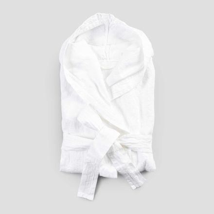 Italian Luxury White Heavy Linen Bathrobe with Hood - Palace Viadurini