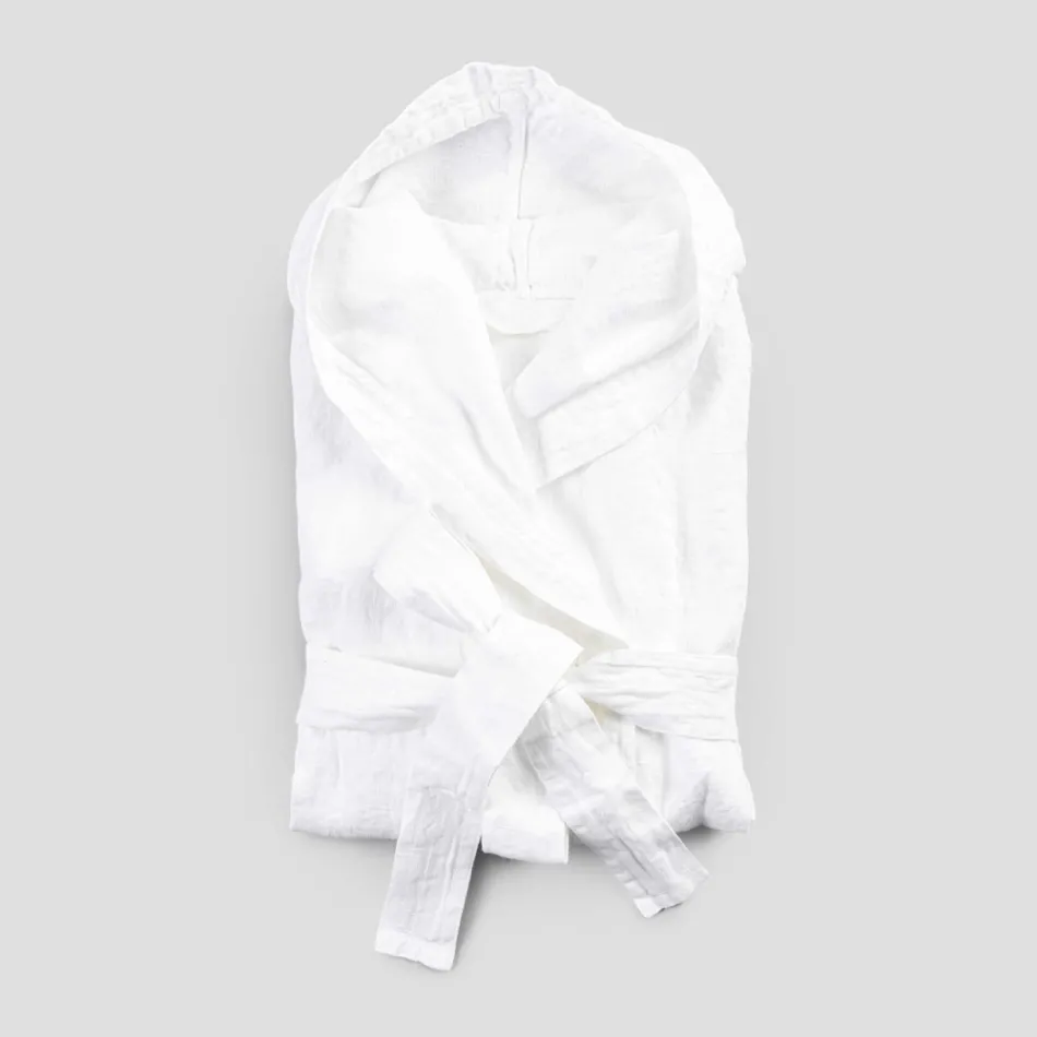 Italian Luxury White Heavy Linen Bathrobe with Hood - Palace Viadurini