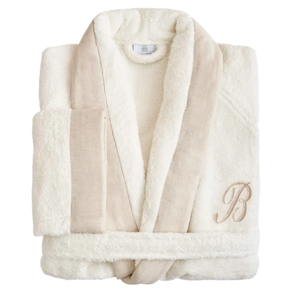 Cotton Terry Shawl Collar Bathrobe with Linen Ruffle and Monogram - Softness Viadurini