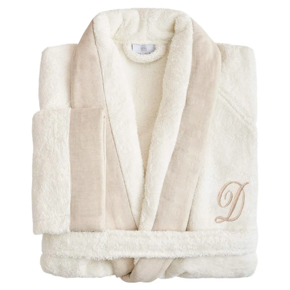 Cotton Terry Shawl Collar Bathrobe with Linen Ruffle and Monogram - Softness Viadurini