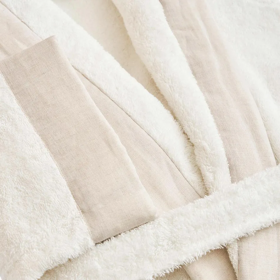 Cotton Terry Shawl Collar Bathrobe with Linen Ruffle and Monogram - Softness Viadurini