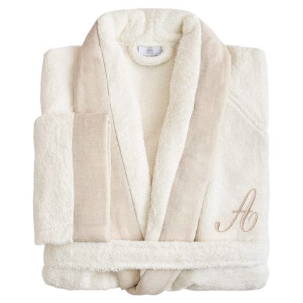 Cotton Terry Shawl Collar Bathrobe with Linen Ruffle and Monogram - Softness Viadurini