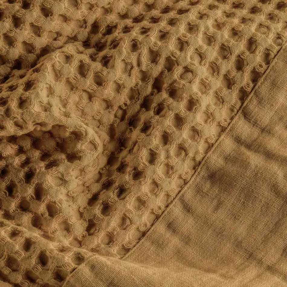 Cotton Honeycomb Hooded Bathrobe with Linen Frill - Plush Viadurini