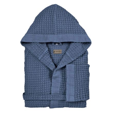 Cotton Honeycomb Hooded Bathrobe with Linen Frill - Plush Viadurini