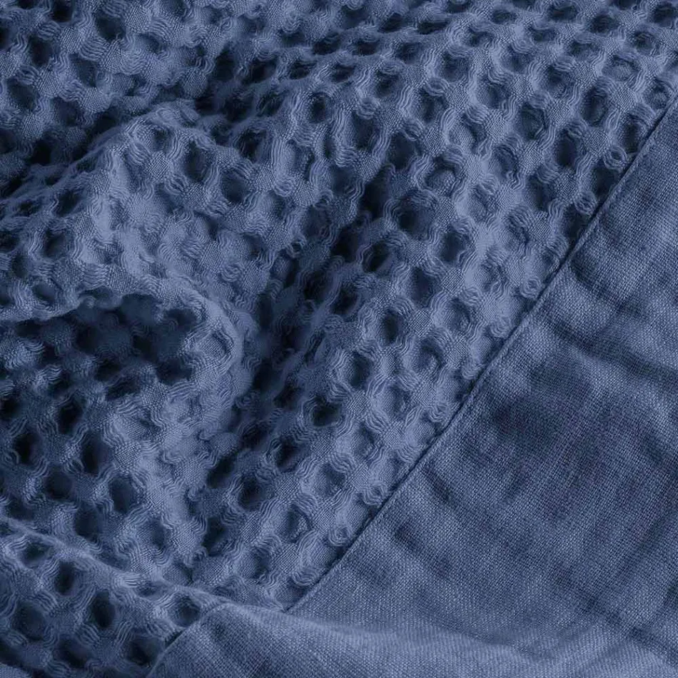 Cotton Honeycomb Hooded Bathrobe with Linen Frill - Plush Viadurini