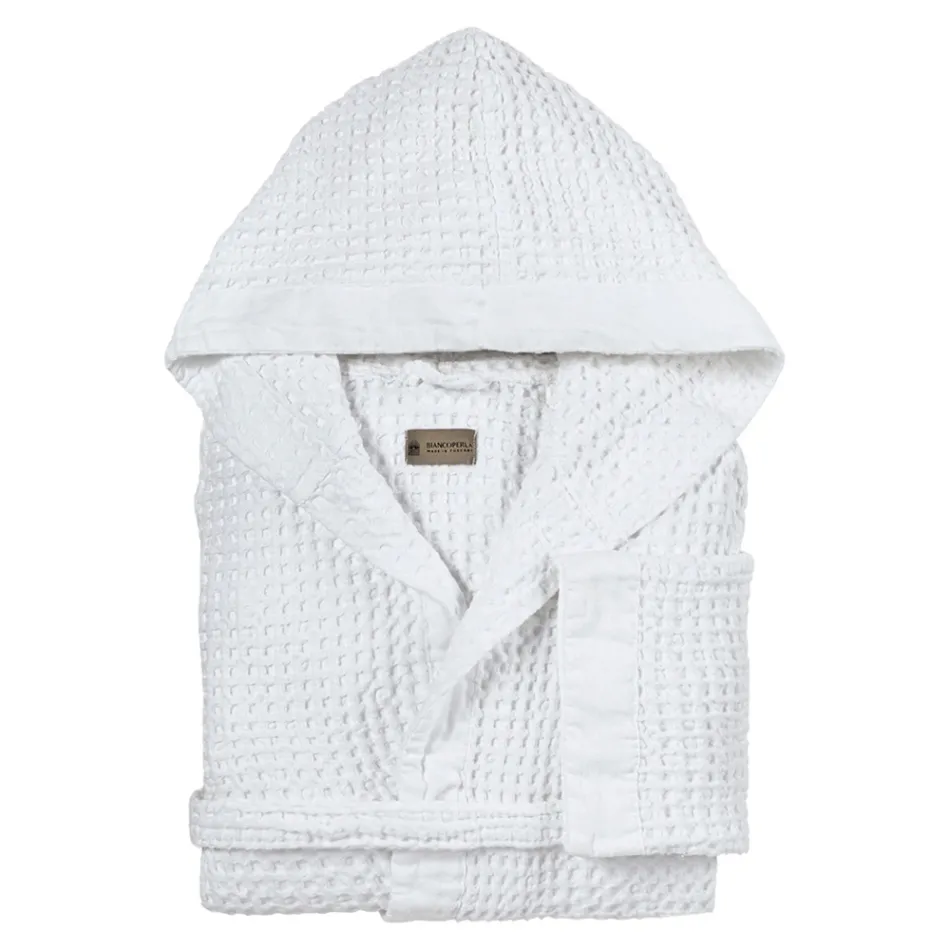 Cotton Honeycomb Hooded Bathrobe with Linen Frill - Plush Viadurini