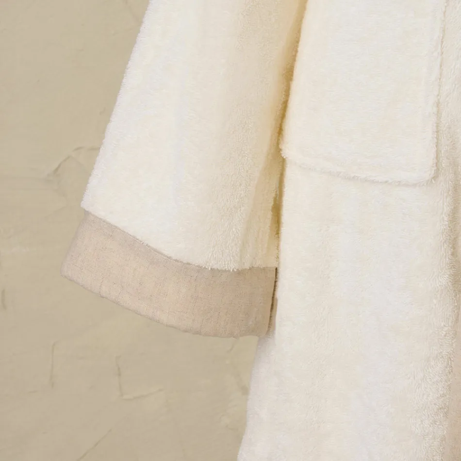 Cotton Terry Hooded Bathrobe with Linen Frill - Mellow Viadurini
