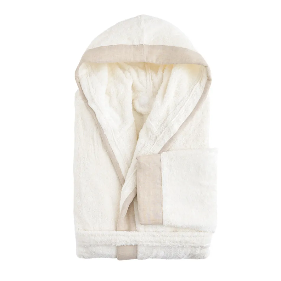 Cotton Terry Hooded Bathrobe with Linen Frill - Mellow Viadurini