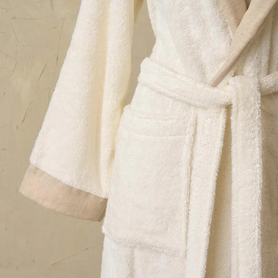 Cotton Terry Shawl Collar Bathrobe with Linen Frill - Mellow Viadurini