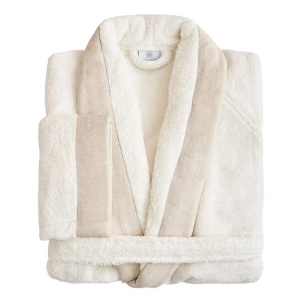 Cotton Terry Shawl Collar Bathrobe with Linen Frill - Mellow Viadurini
