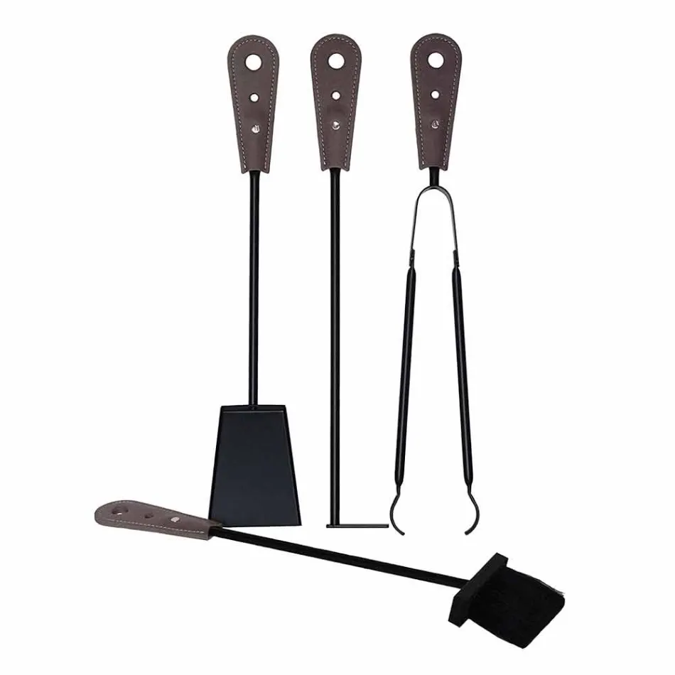 Fireplace accessories with Nilar leather holders, modern design Viadurini