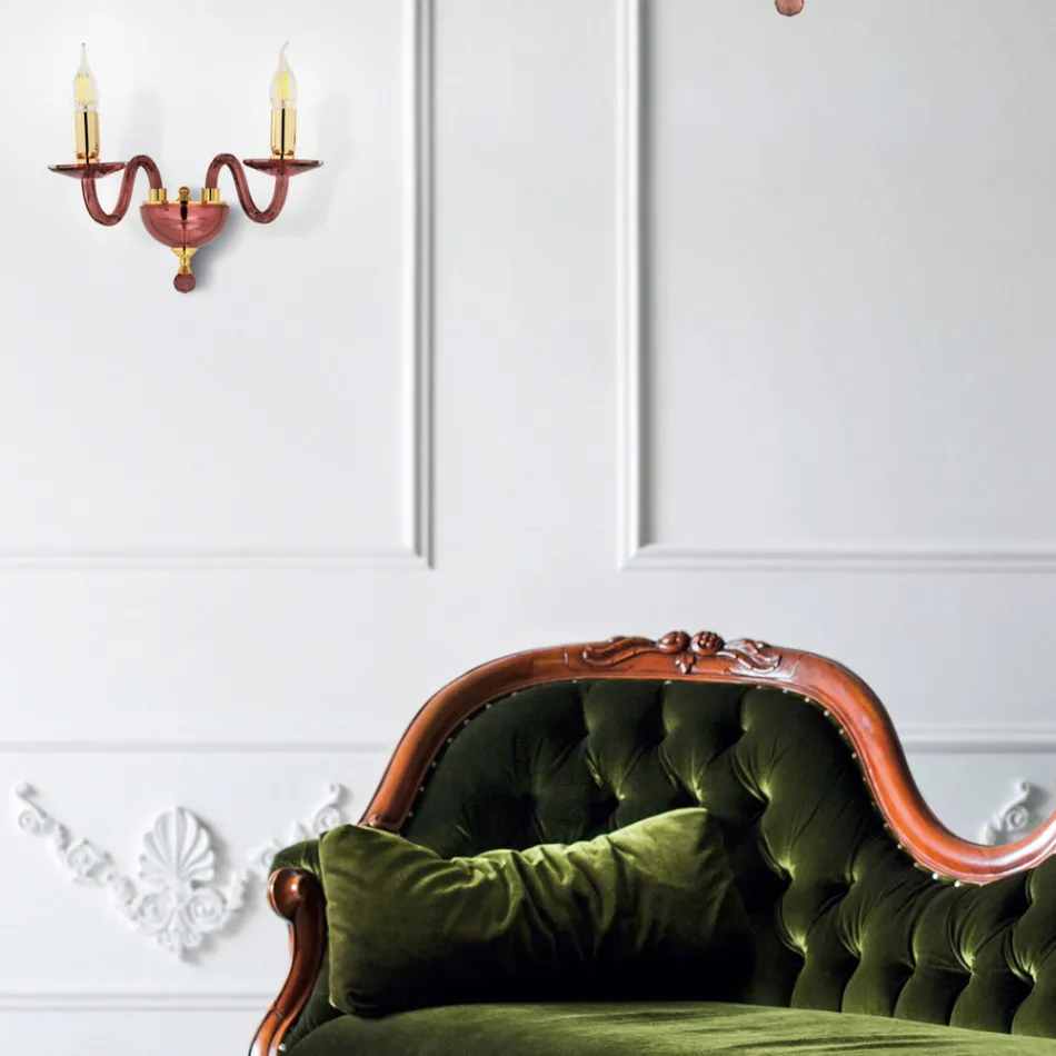 Classic 2 Lights Wall Lamp in Handmade Italian Glass and Gold Metal - Oliver Viadurini