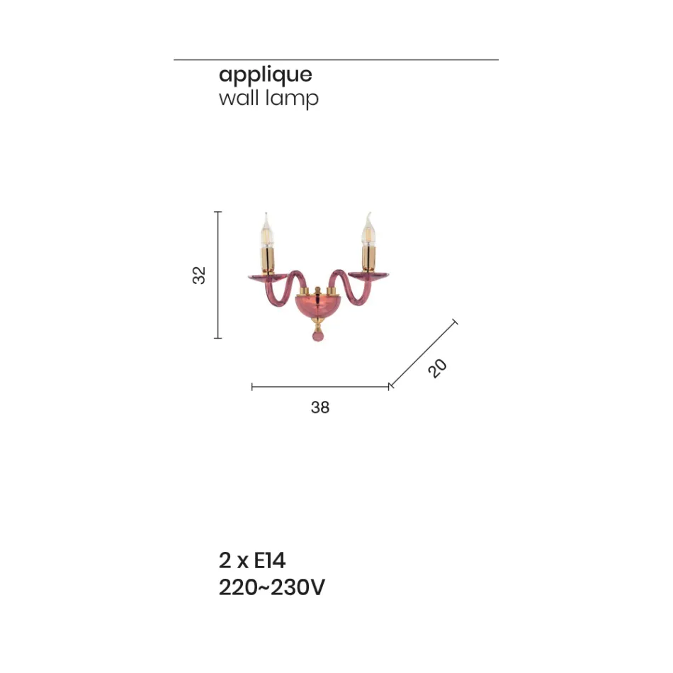 Classic 2 Lights Wall Lamp in Handmade Italian Glass and Gold Metal - Oliver Viadurini