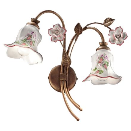 2 Lights Wall Lamp in Metal and Hand-Decorated Ceramic with Rose - Pisa Viadurini