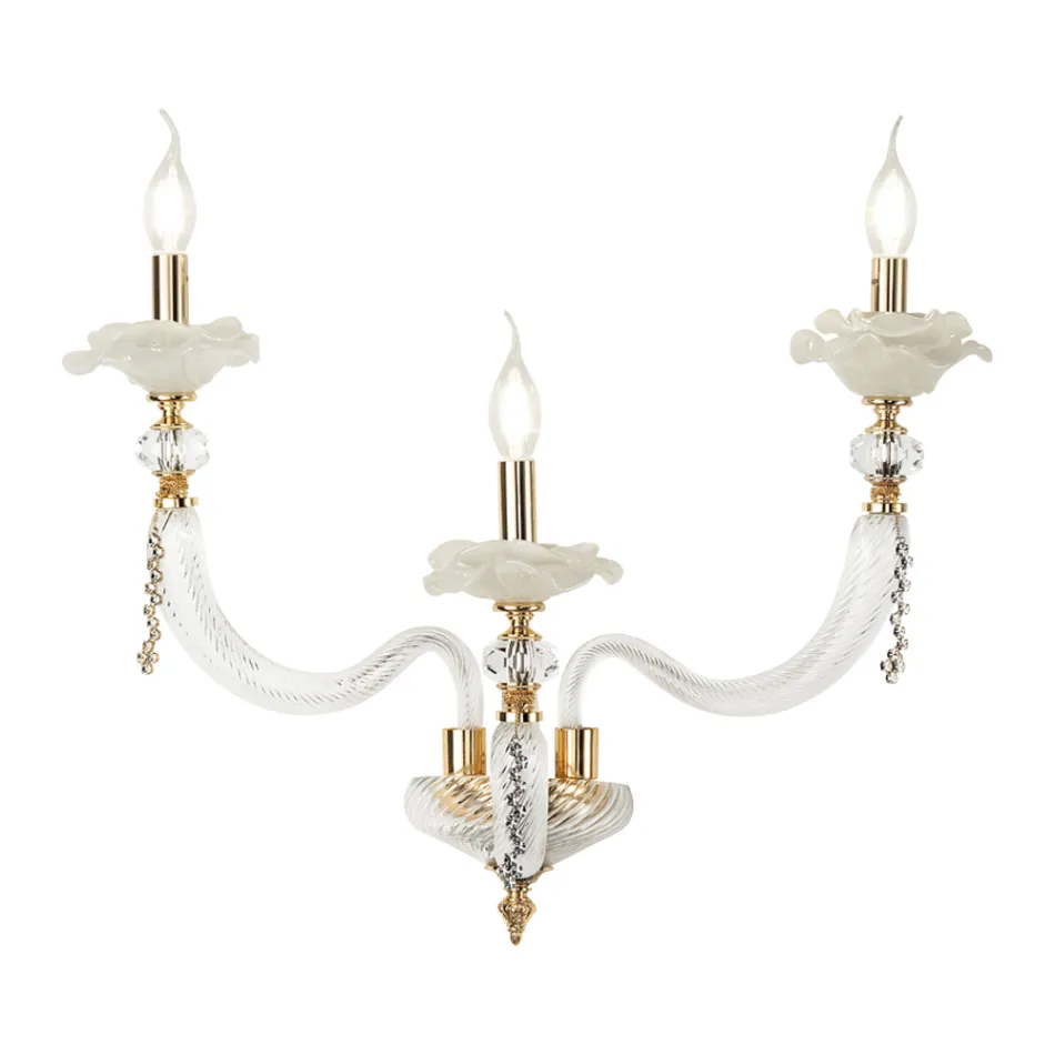 Classic Wall Lamp 3 Lights Blown Glass and Floral Details - Bluminda Viadurini
