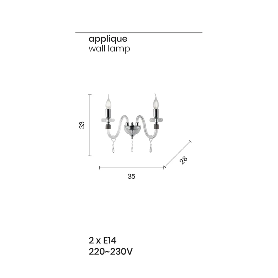 Classic Design Wall Lamp with 2 Lights in Chrome Hand-worked Glass - Similo Viadurini