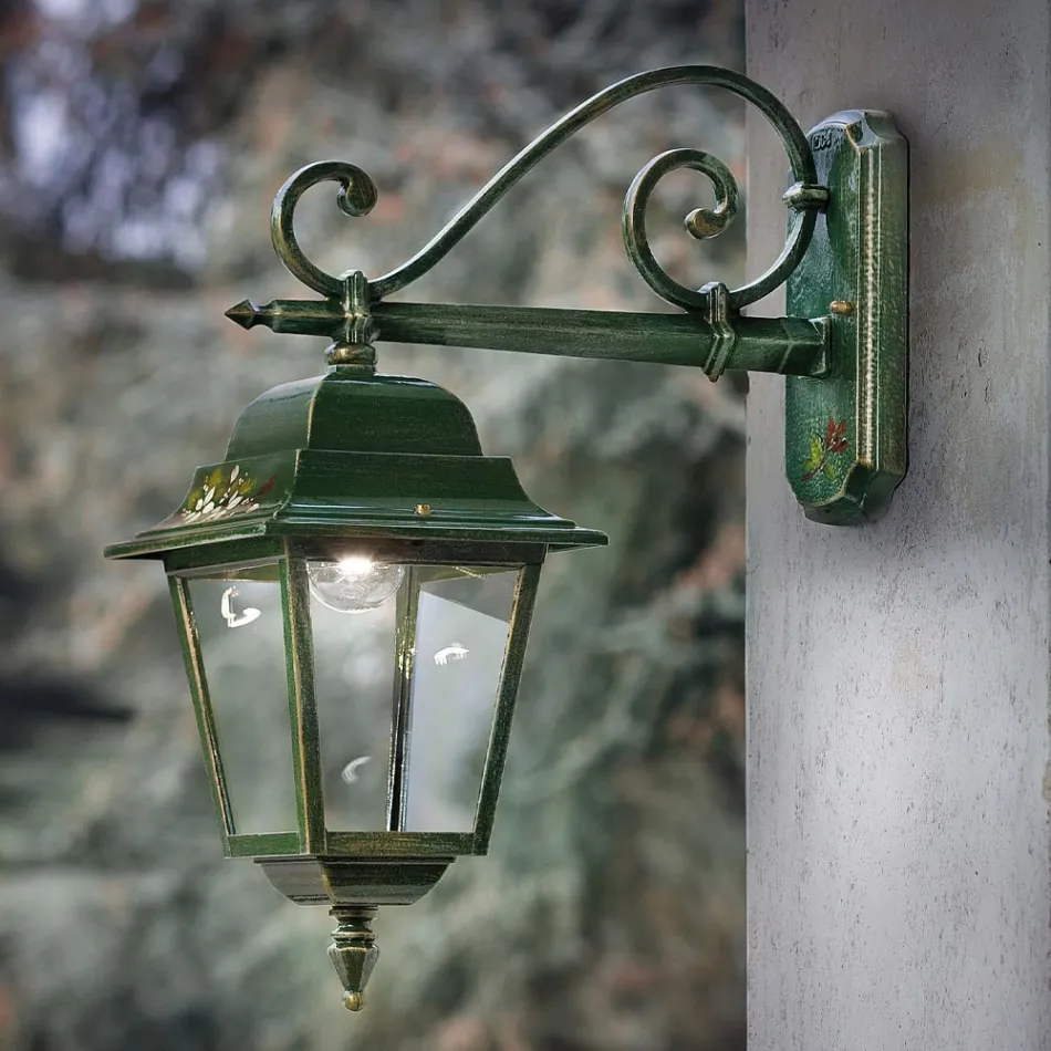 Outdoor Wall Lamp in Gold Green Aluminum with Hand Painted Flowers - Gorizia Viadurini
