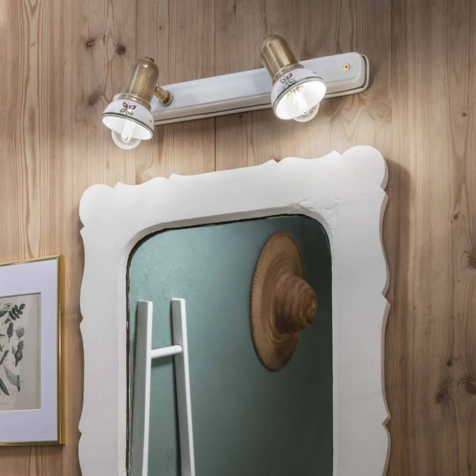 Linear Wall Lamp with 2 Spotlights in Brass and Hand Painted Ceramic - Savona Viadurini