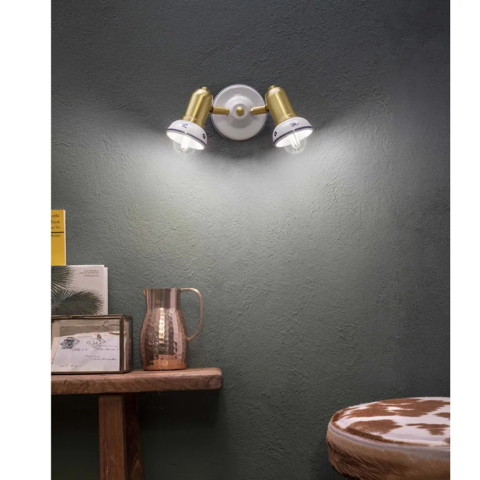 Round Wall Lamp 2 Spotlights in Brass and Hand Painted Ceramic - Savona Viadurini