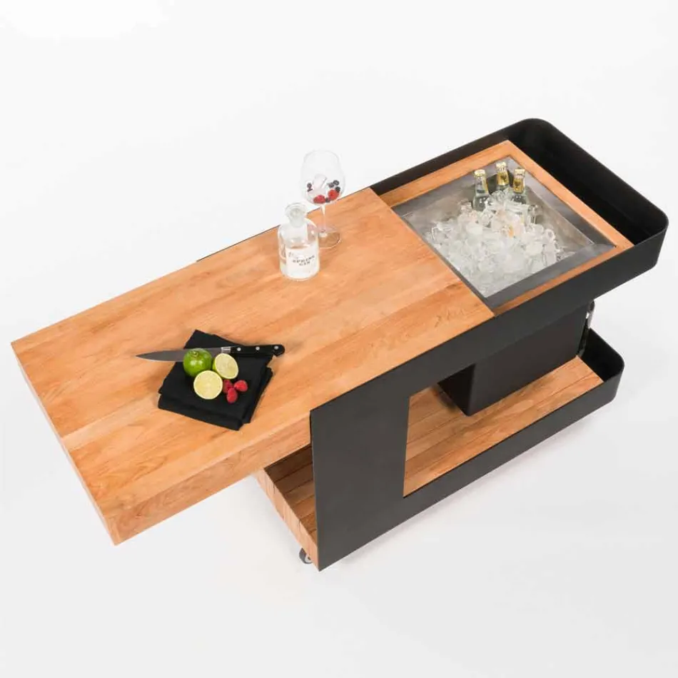 Modern Mobile Bar on Wheels Design with Wooden and Steel Table - Giancalliope Viadurini