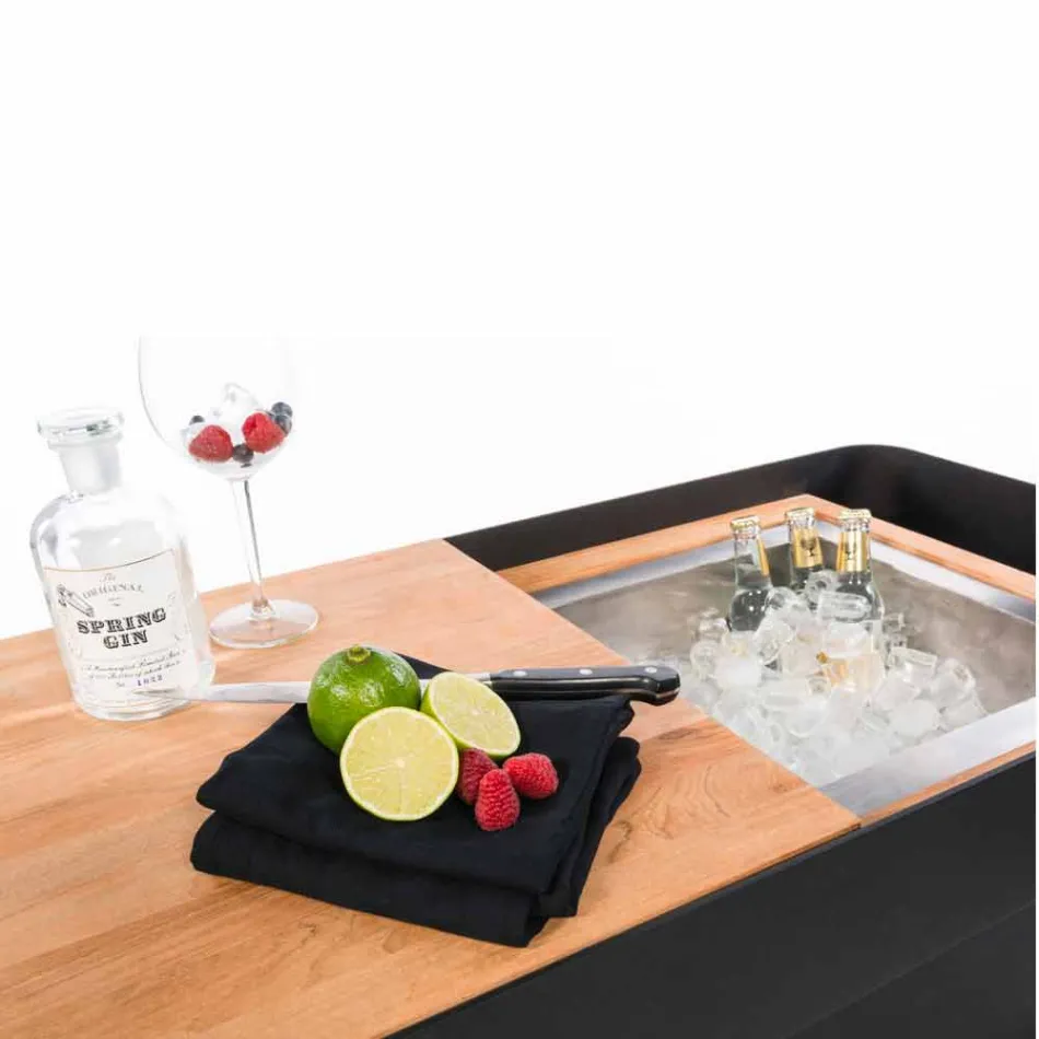 Modern Mobile Bar on Wheels Design with Wooden and Steel Table - Giancalliope Viadurini