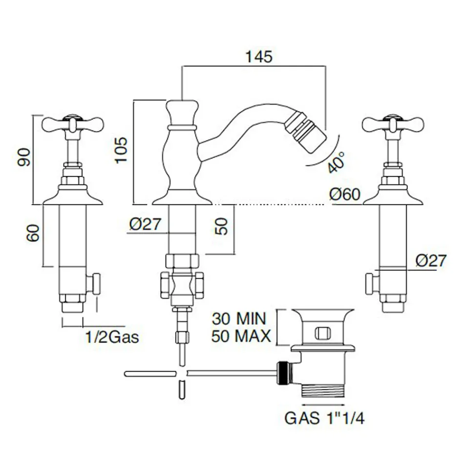3 Hole Bidet Mixer with Classic Handmade Brass Waste - Fioretta Viadurini