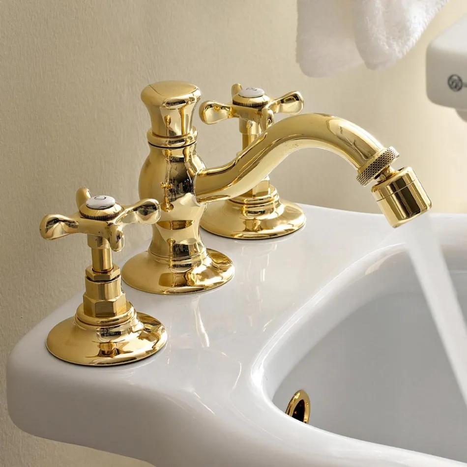 3 Hole Bidet Mixer with Classic Handmade Brass Waste - Fioretta Viadurini