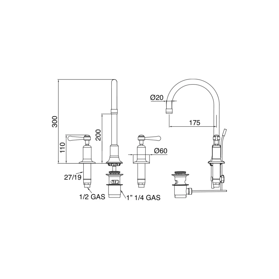 3-hole basin mixer with high spout with brass pop-up waste Made in Italy - Red Viadurini