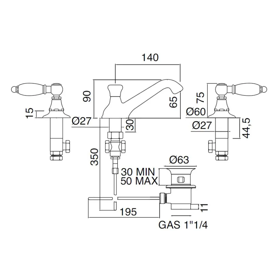 3 Hole Basin Mixer with Classic Style Levers in Handcrafted Brass - Noriana Viadurini