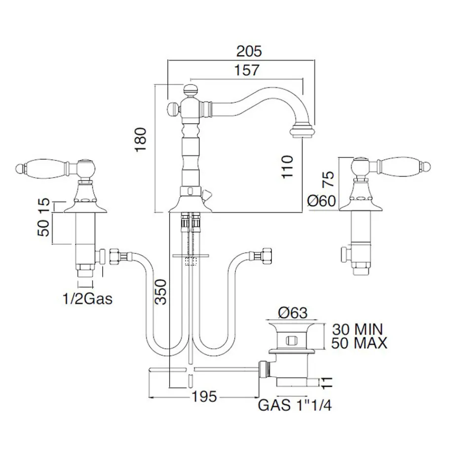 3 Hole Basin Mixer with Brass Drain Classic Handcrafted Style - Noriana Viadurini