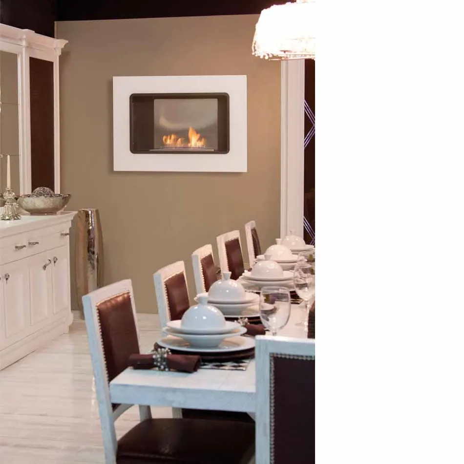 White Wall Bio Fireplace with Modern Design with Erica Glass Insert Viadurini
