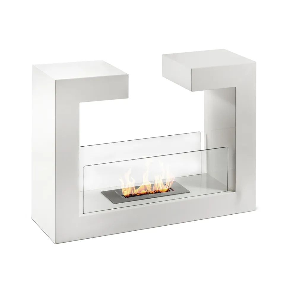 Floor Bio Fireplace in White Painted Metal and Tempered Glass - Pelide Viadurini