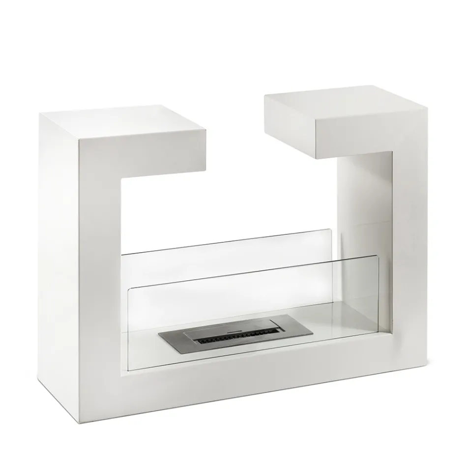 Floor Bio Fireplace in White Painted Metal and Tempered Glass - Pelide Viadurini