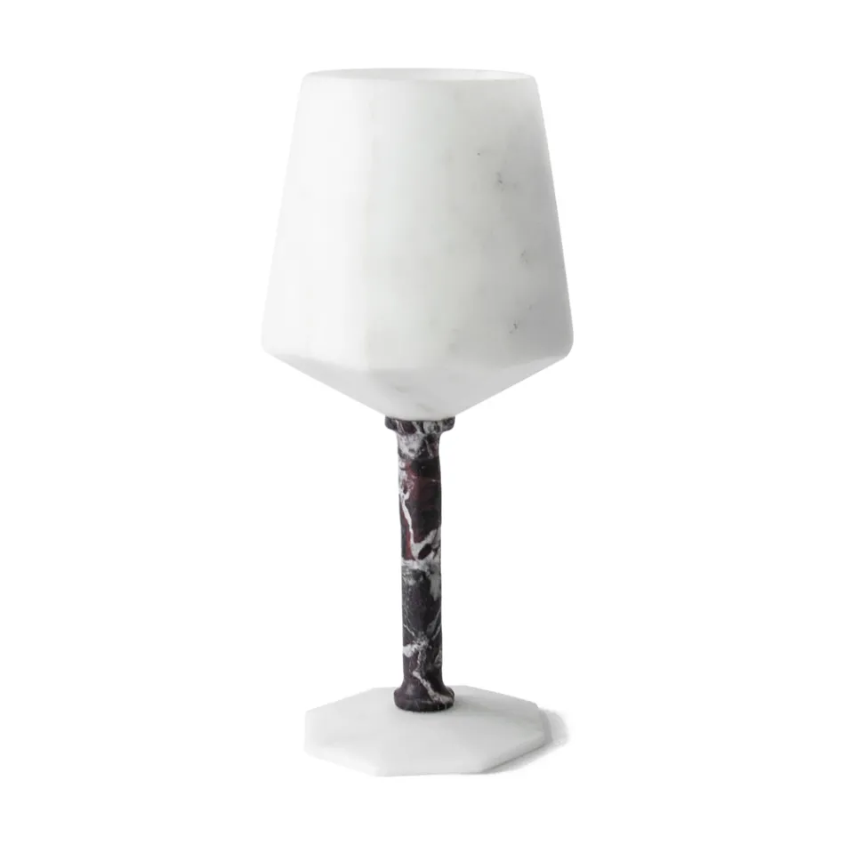 Wine Glass in Satin White Carrara Marble and Red Levanto - Caglio Viadurini