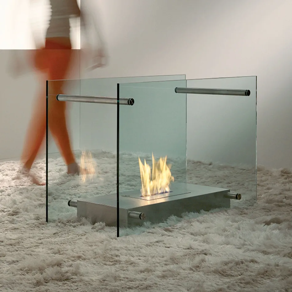 Floor Bioethanol Fireplace in Glass and Steel Design for Indoor - Edison Viadurini