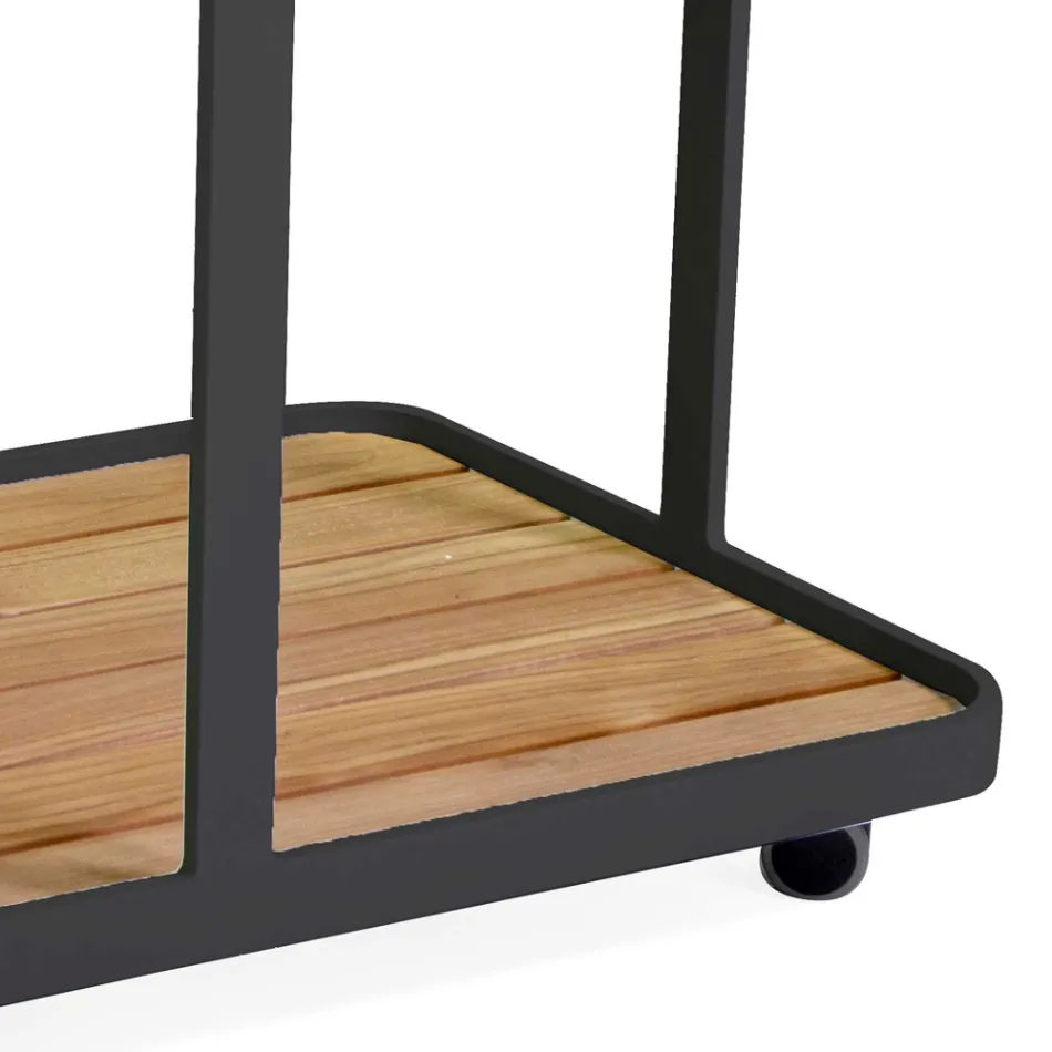 Aluminum Trolley in Different Finishes with Wheels and Teak Top - Tent Viadurini