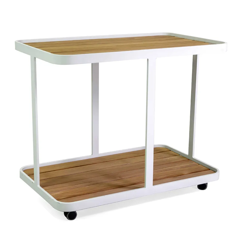 Aluminum Trolley in Different Finishes with Wheels and Teak Top - Tent Viadurini
