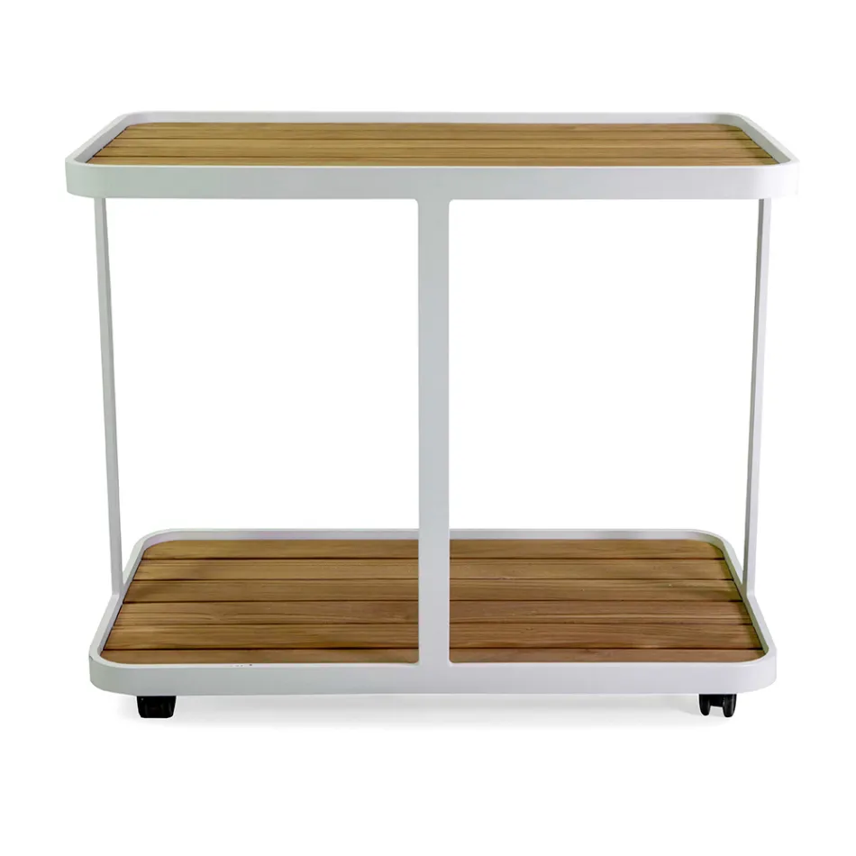 Aluminum Trolley in Different Finishes with Wheels and Teak Top - Tent Viadurini