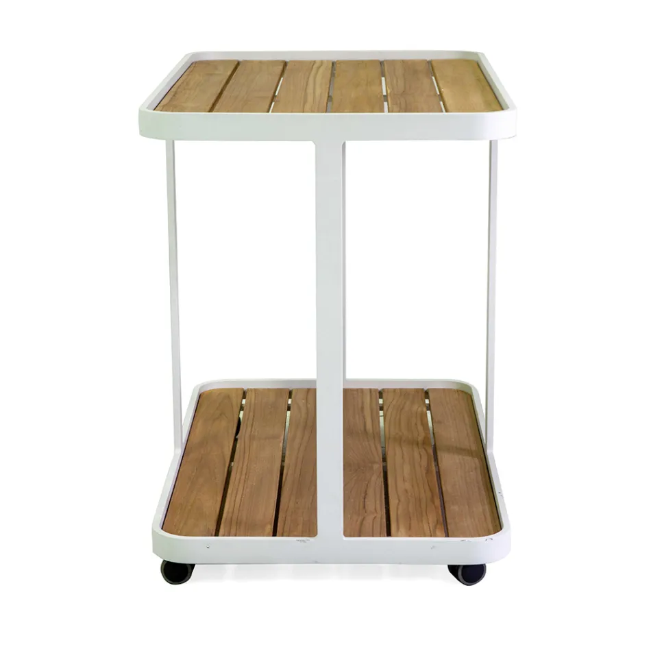 Aluminum Trolley in Different Finishes with Wheels and Teak Top - Tent Viadurini