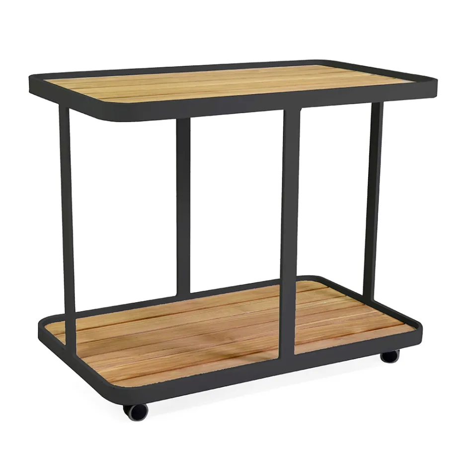 Aluminum Trolley in Different Finishes with Wheels and Teak Top - Tent Viadurini