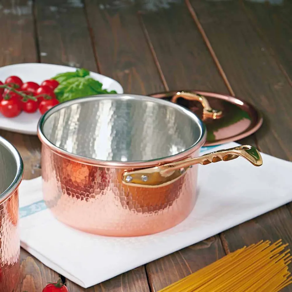 High Round Casserole in Hand Tinned Copper with Handle 16 cm - Giancarlo Viadurini