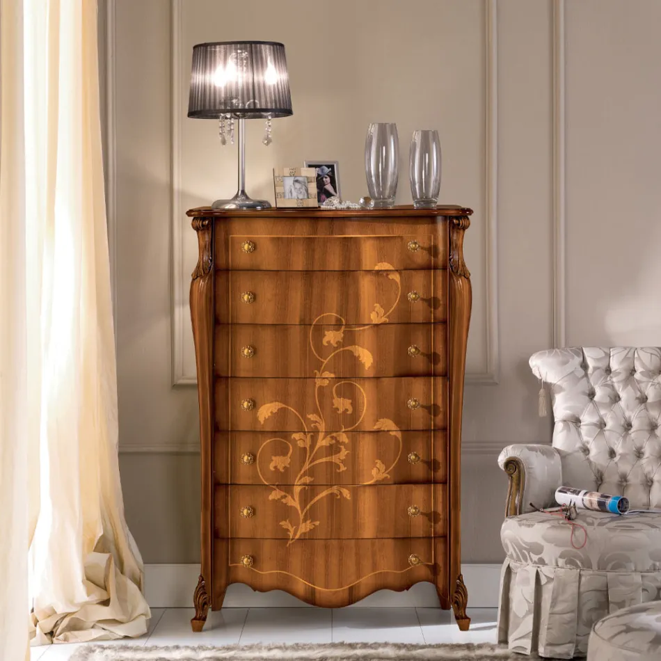Chest of 7 Drawers in Inlaid Walnut Wood Made in Italy - Commodus Viadurini