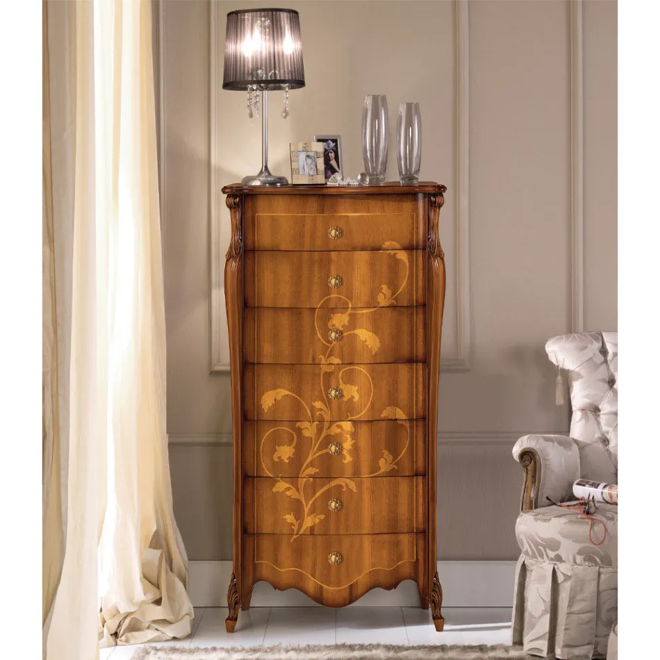 Chest of 7 Drawers in Inlaid Walnut Wood Made in Italy - Commodus Viadurini