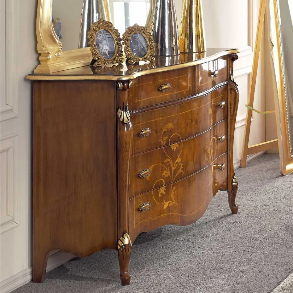 Bedroom Chest of Drawers in Inlaid Wood and Mirror Made in Italy - Cambrige Viadurini