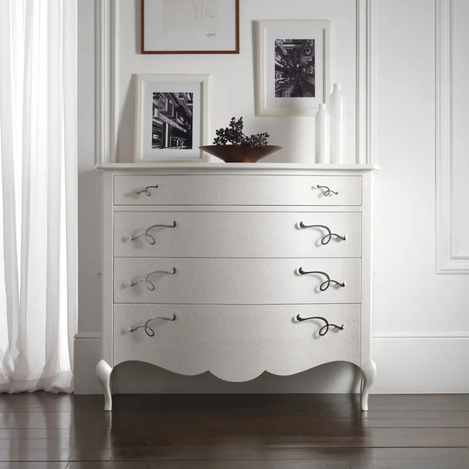 Dresser in Pearl White Wood in Relief with Chromed Handles Made in Italy - Berlin Viadurini