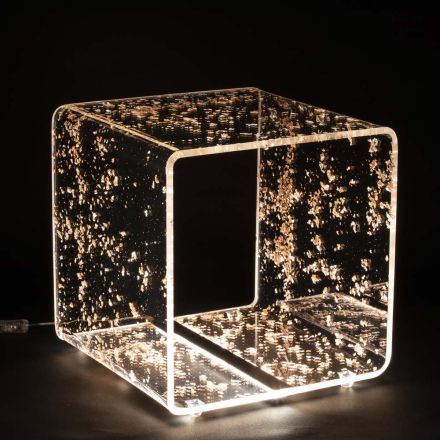 Luminous Bedside Table in Acrylic Crystal and Gold, Silver or Copper Leaf - Gnassi Viadurini