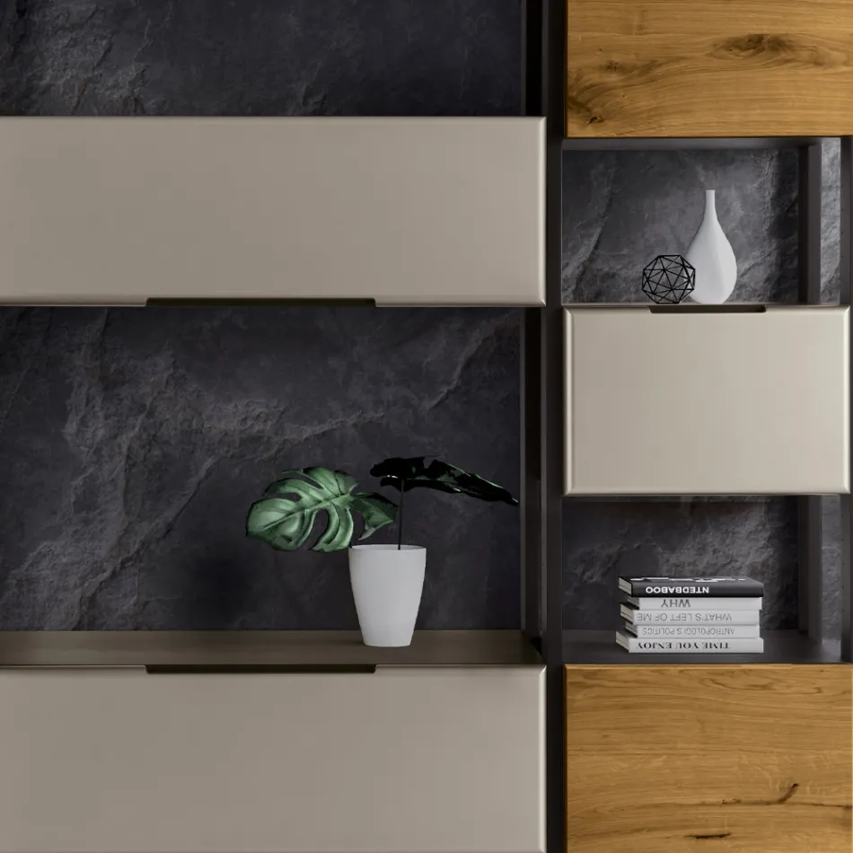 Wall composition in Mdf and oak-plated blockboard Made in Italy - Marit Viadurini