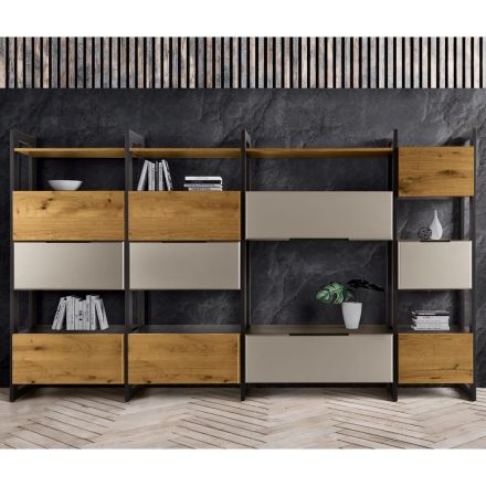 Wall composition in Mdf and oak-plated blockboard Made in Italy - Marit Viadurini