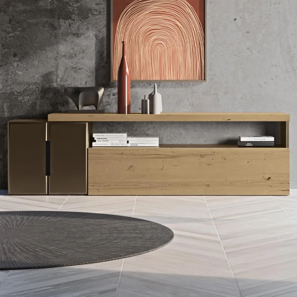 Modern Wall Composition in Nordic Knotted Oak and Iron Finish - Siri Viadurini